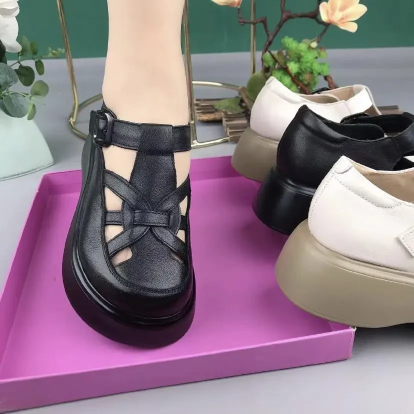 真软皮包头凉鞋2025年新款夏季镂空平底皮鞋女厚底女士中年年妈妈