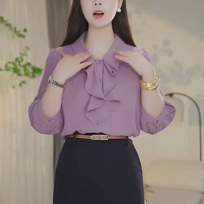 荷叶边紫色衬衫女夏季2025时尚宽松减龄遮肉设计感七分袖休闲上衣