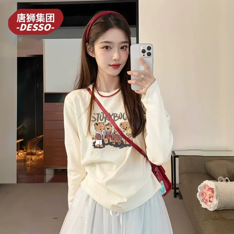 唐狮集团DESSO纯棉长袖t恤女2025新款春秋款小个子上衣内搭打底衫