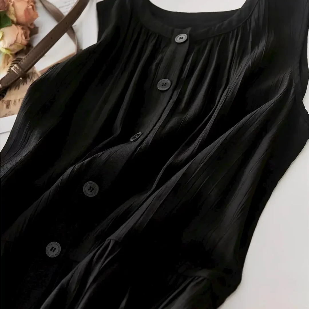 夏季黑色宽松显瘦通勤风无袖肌理感背心连衣裙