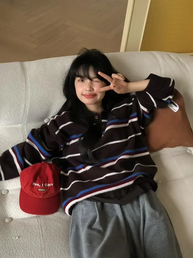 韩系复古撞色条纹毛衣女2025秋新款百搭休闲减龄polo领针织衫上衣