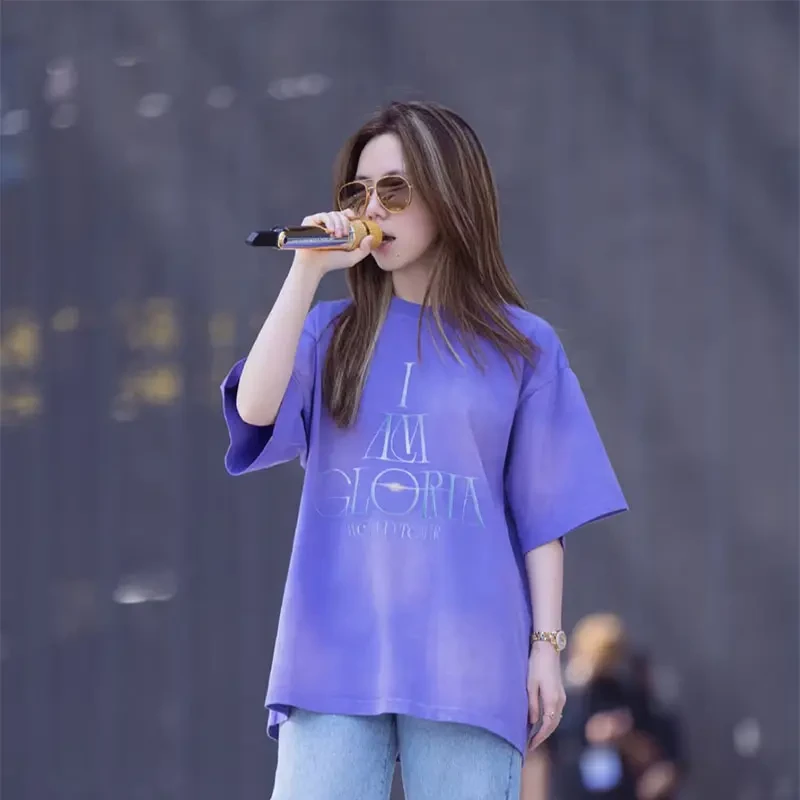 邓紫棋温州演唱会同款T恤紫色字母印花短袖套头圆领宽松纯棉上衣