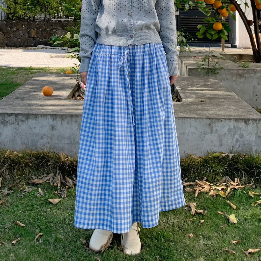 JOENG 夏日系小清新蓝色格子半身裙显瘦百搭休闲A字裙棉麻半身裙