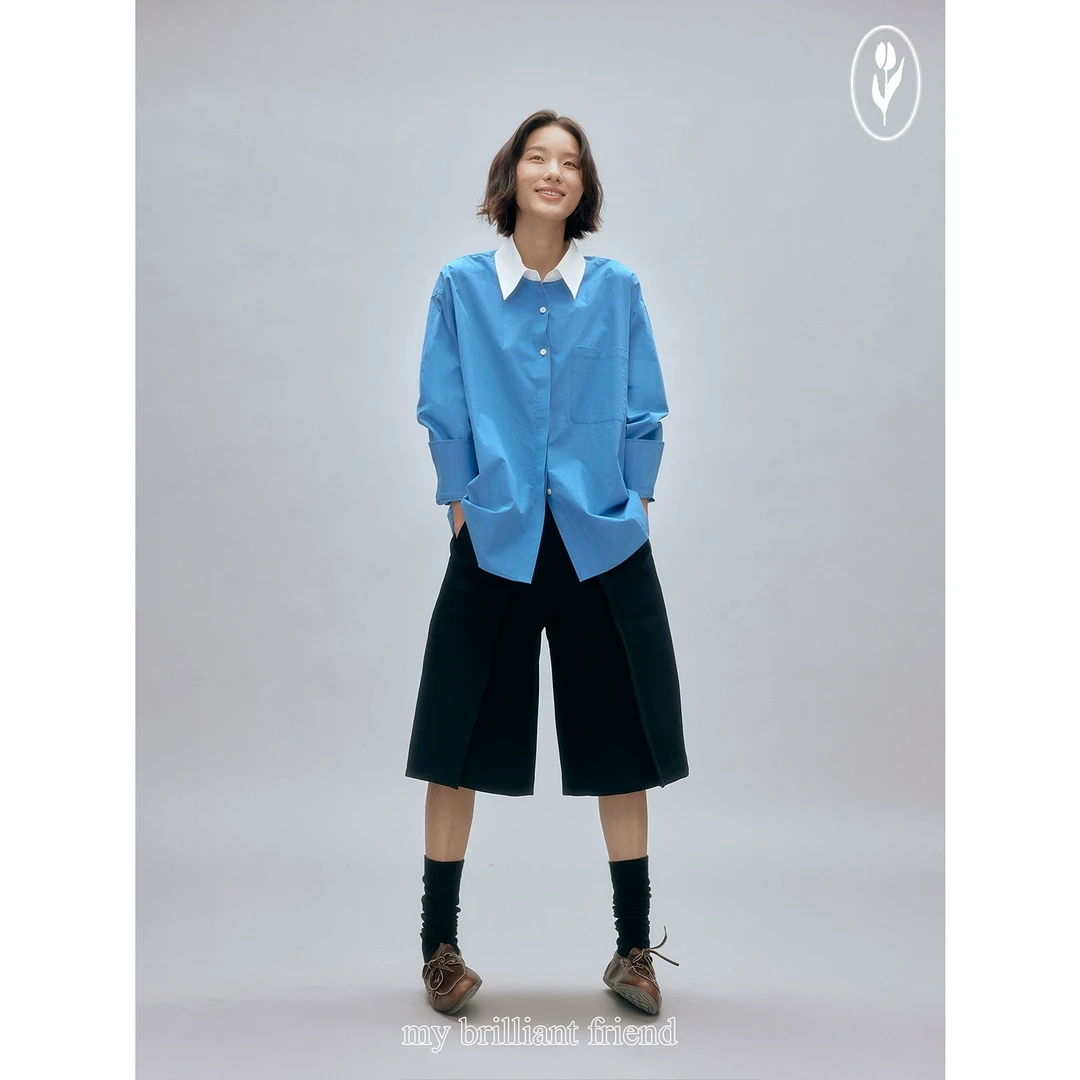 shyshy“悠悠的风”轻盈慵懒感酵洗棉撞色小心思拼色衬衫秋冬衬衣