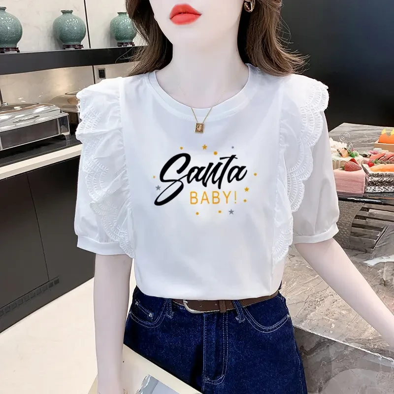 白色夏季新款韩版圆领印花棉质T恤荷叶边甜美百搭个性短袖上衣潮