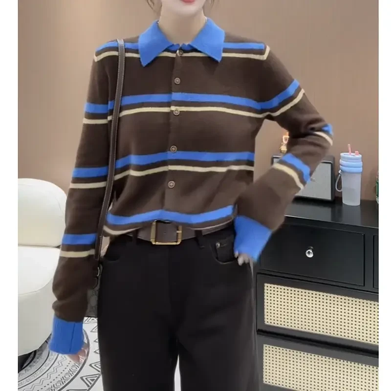 撞色条纹毛衣上衣女士2025年秋冬新款大码洋气百搭显瘦长袖针织衫