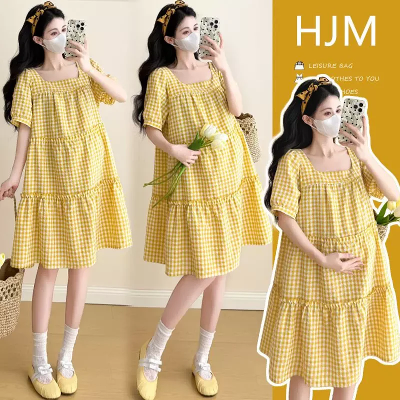 小清新短袖泡泡格子孕妇连衣裙时尚显瘦a字裙孕妇裙孕妇装中长款