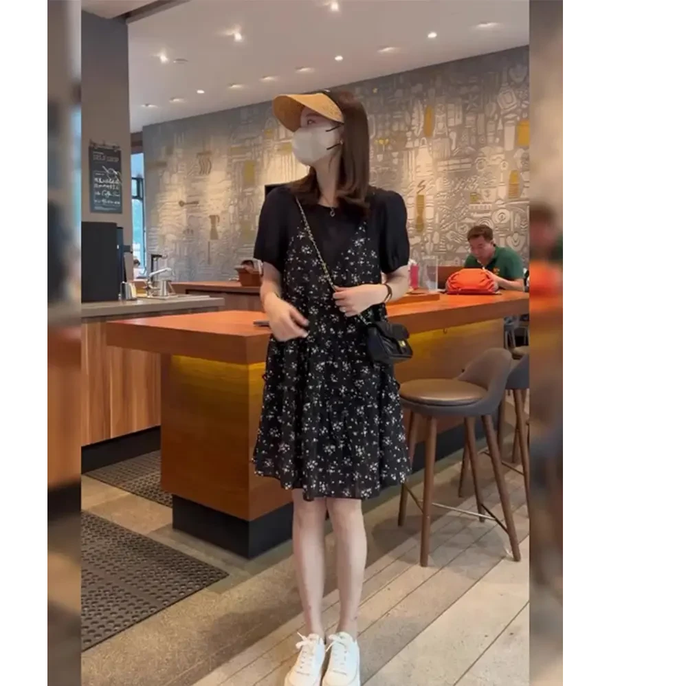 泡泡袖拼接假两件印花连衣裙女2025年夏季新款高腰显瘦短袖中长裙