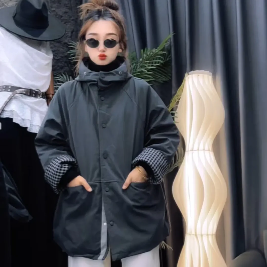 中长款风衣外套韩版宽松 均码冬季连帽长袖设计师休闲纯色厚款