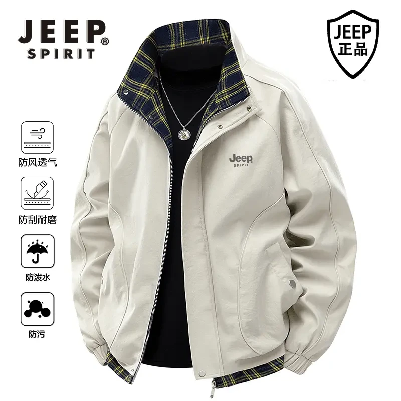 JEEP吉普夹克假两件春秋季薄款男宽松夹克时尚耐磨防泼水休闲外套