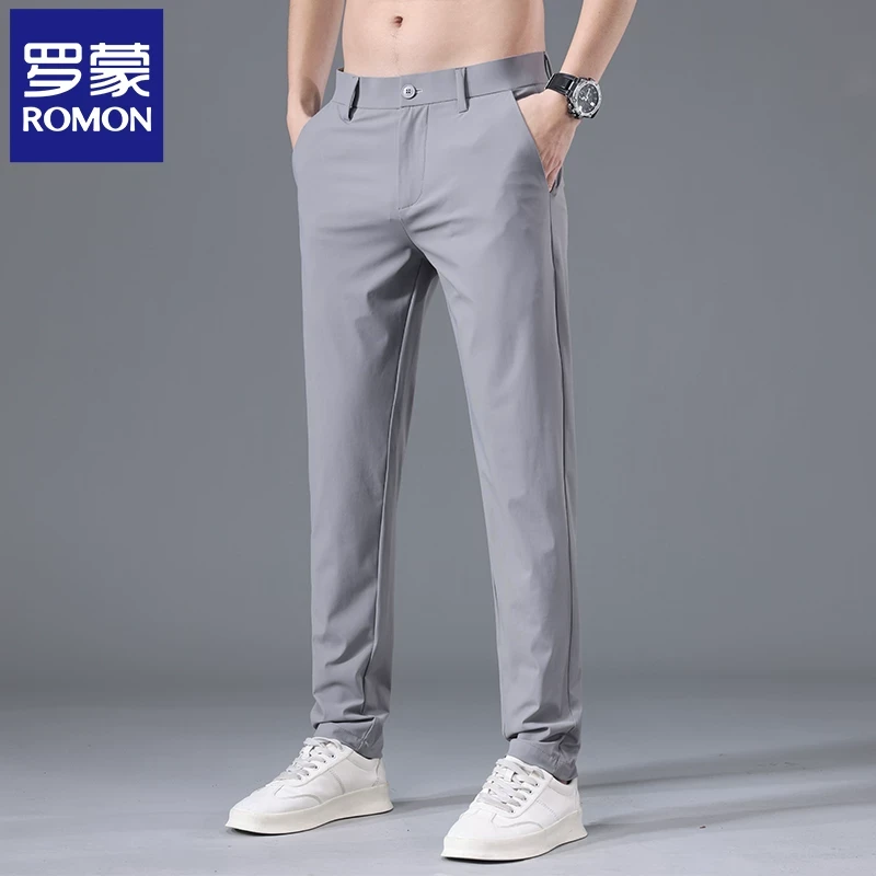 罗蒙高端轻薄夏季冰丝休闲裤男弹力直筒浅色小西裤冰感速干裤N2Z