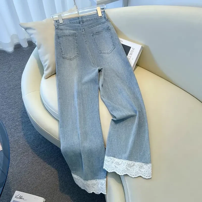 蕾丝拼接直筒阔腿牛仔裤女2025春季新款今年流行爆款小个子弯刀裤