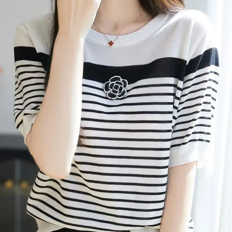 2025夏季新款山茶花高端莱赛尔条纹短袖显瘦洋气针织冰丝上衣