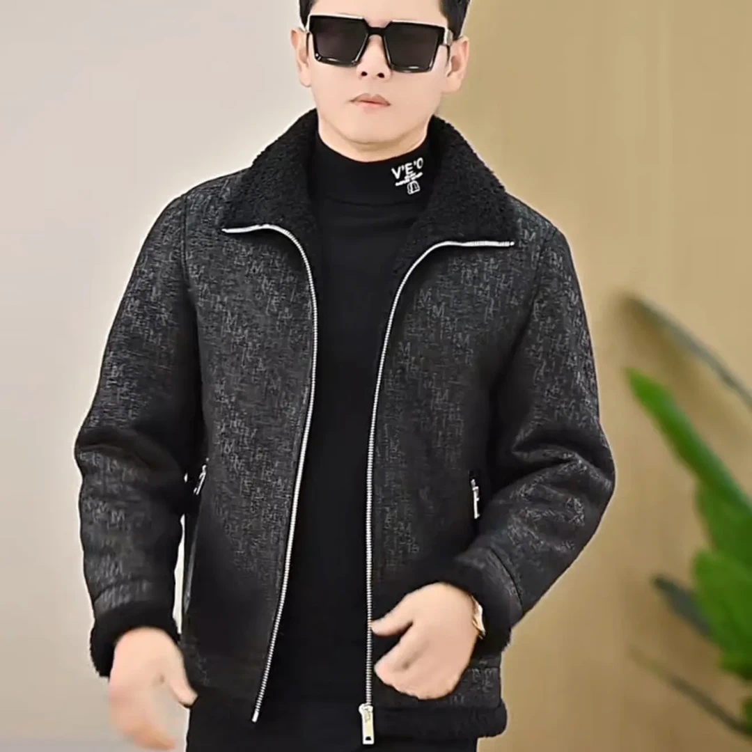 欧货男士冬季毛领加绒保暖皮毛一体机车夹克短款