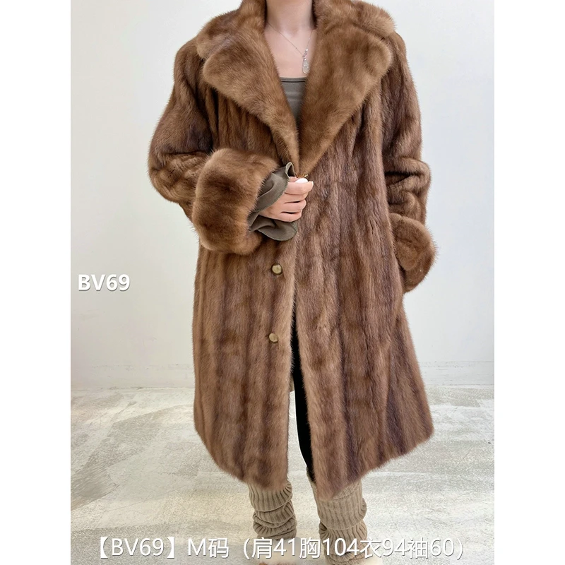 【BV69】M码 蜜茶棕全抽长款貂皮大衣皮草外套 西装领挽袖