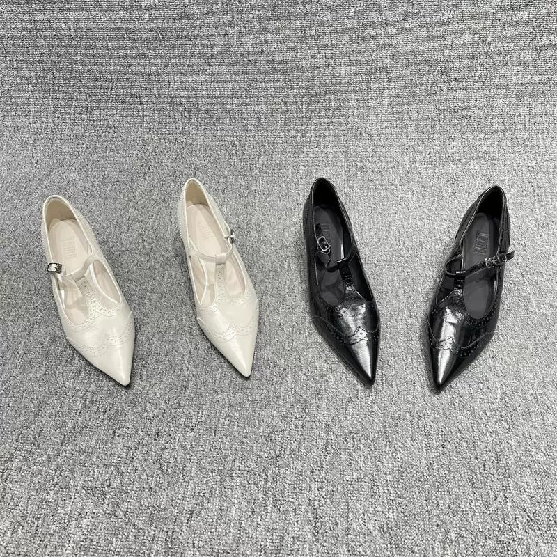 欧洲站2025春款真皮女鞋休闲百搭舒适尖头细中跟雕花皮鞋浅口单鞋