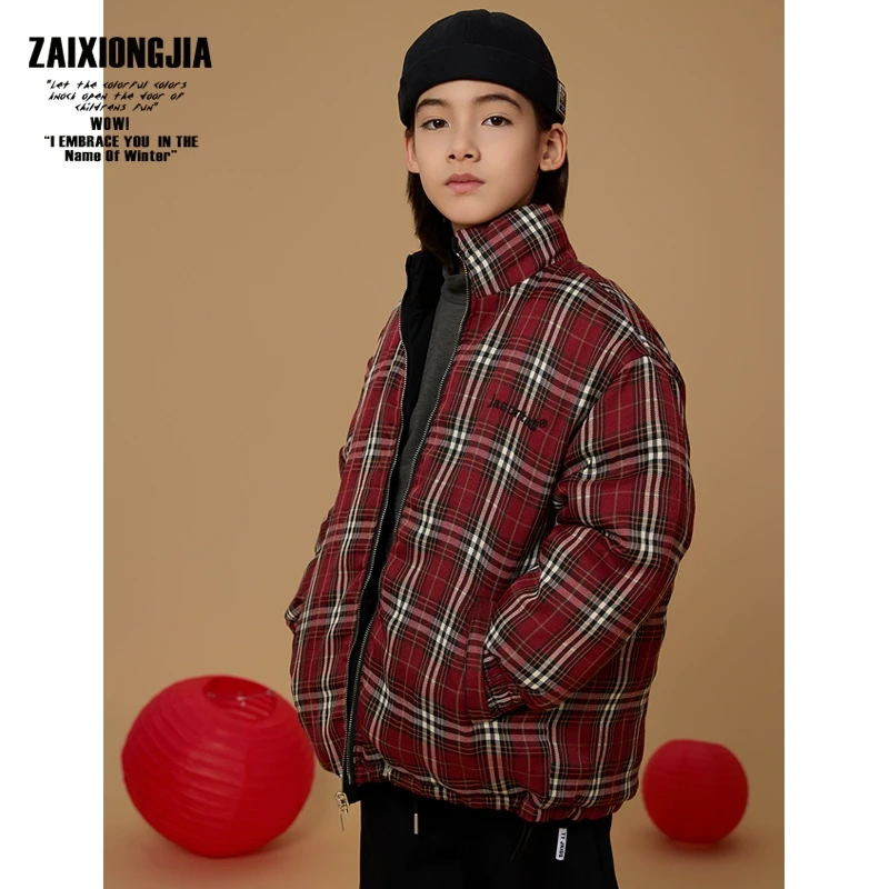 ZAIXONGJIA红格子红黑两面穿儿童棉袄面包服新年款棉服外出服