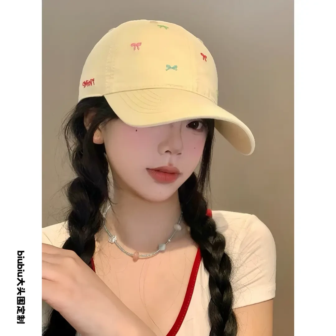 韩国定制大头围“彩色刺绣蝴蝶结”软顶棒球帽显脸小时尚百搭休闲