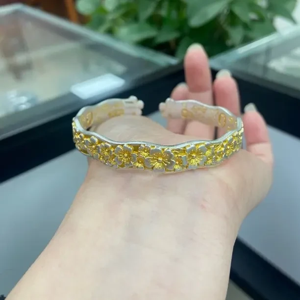 足银手镯 轻奢古法描金梅花开口新中式简约百搭镯子复古手饰时尚