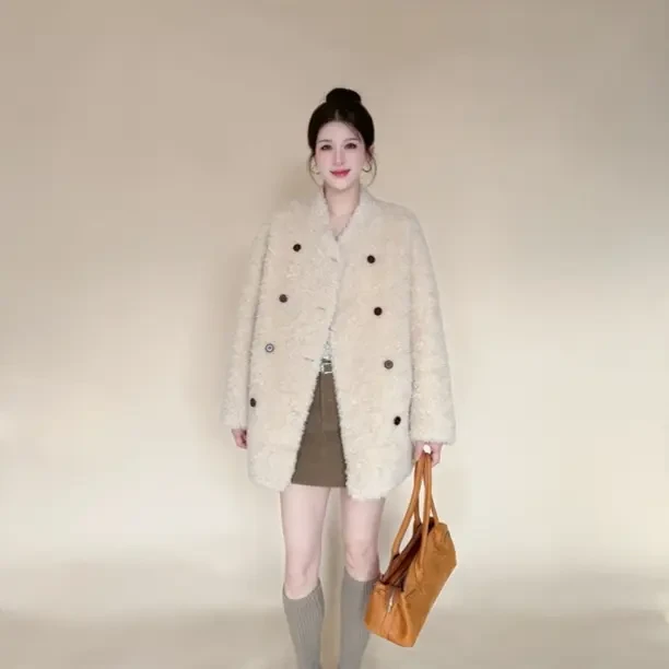 VANGIIR韩版双排扣羊剪绒大衣冬季皮毛一体羊羔毛外套女