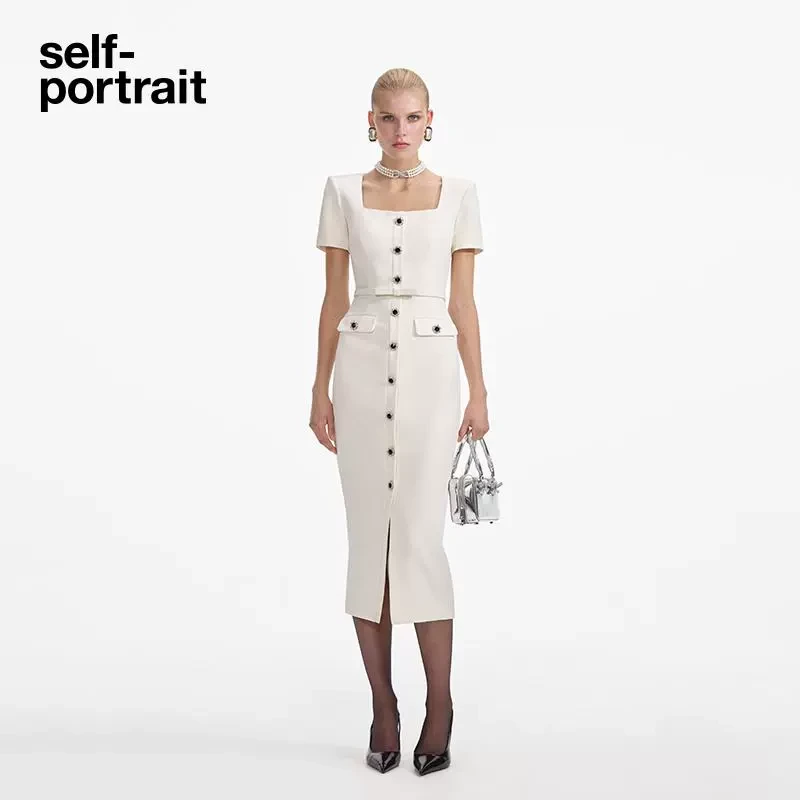 self-portrait 象牙白气质时尚通勤方领优雅短袖连衣裙