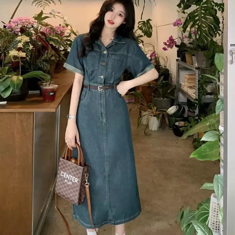 夏季新款休闲气质短袖牛仔连衣裙女收腰高级感复古chic小个子长裙