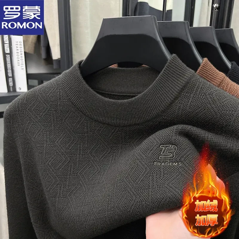 罗蒙秋冬男士一体绒毛衣时尚休闲加厚保暖圆领中年长袖打底针织衫