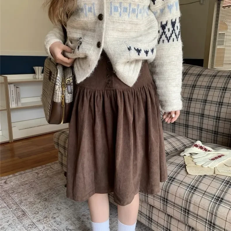 秋日信封：秋季新款显瘦高腰捏褶蓬蓬灯芯绒伞裙半身裙