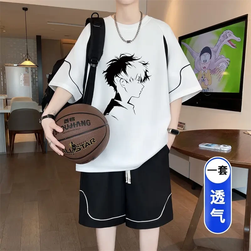 两件装青少年短袖套装男ins学生t恤套装休闲男青少年加绒运动套装