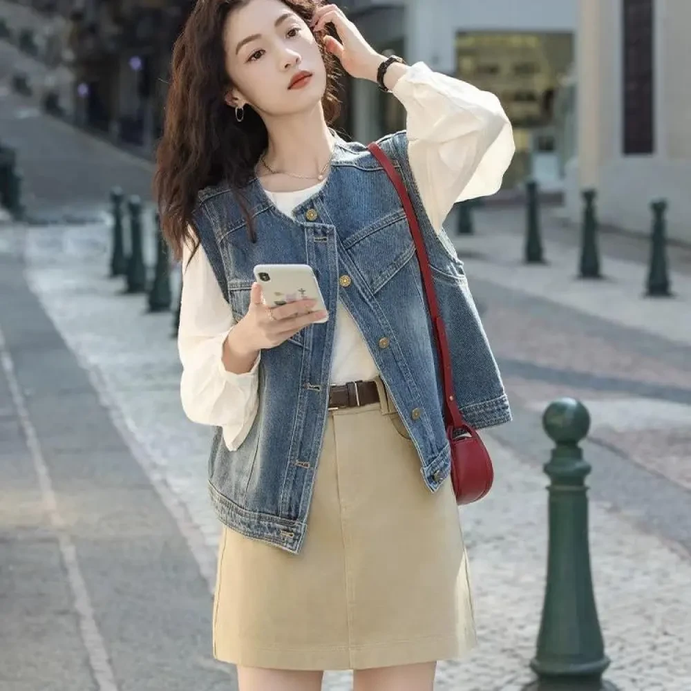 B306+B307+B290韩系穿搭一整套女衬衫牛仔马甲叠穿高腰短裙三件套