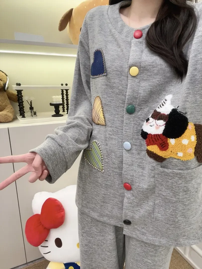 可爱卡通刺绣小狗蚕丝羊毛德绒秋冬季保暖睡衣女ins风家居服