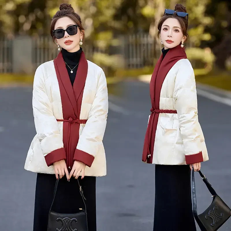 新中式国风撞色收腰棉服2024冬季新款高级感复古盘扣外套