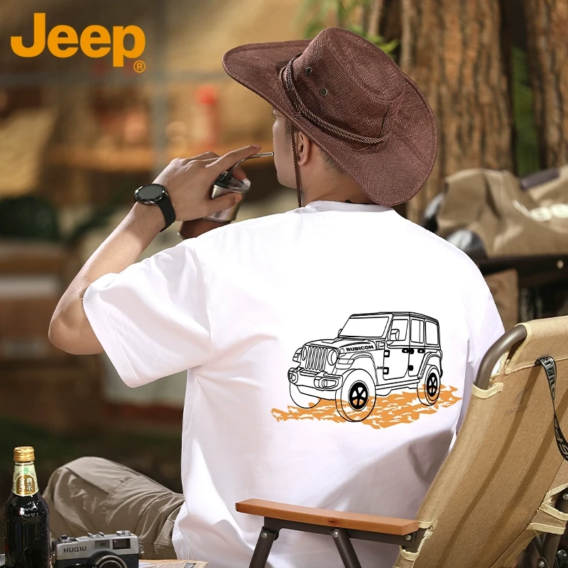 JEEP/吉普白色纯棉短袖t恤男士圆领潮牌宽松正肩运动体恤半袖衣服
