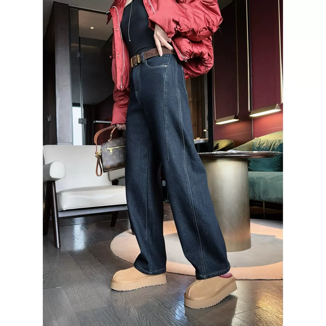 2024冬季新款加绒加厚慵懒风直筒阔腿拖地裤高端欧货洋气裤子