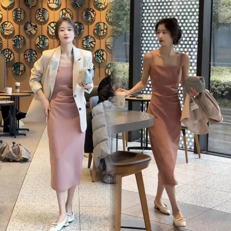 2025春季新款法式高级感长袖气质西装外套搭显瘦吊带连衣裙两件套