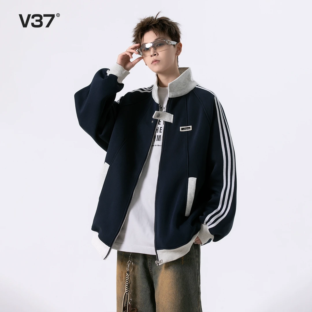 V37 美式学院风外套男25秋季撞色拼接潮流百搭青少年学生条纹夹克