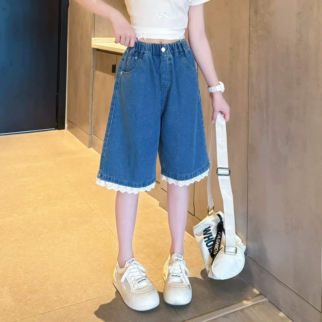 女童裤子夏薄款2025新款中大儿童五分短裤洋气女孩夏装花边牛仔裤