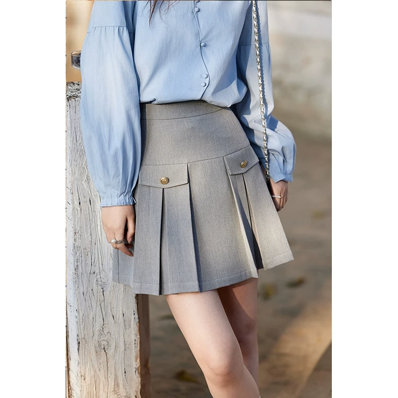 谜秀新品灰色百搭百褶短款半身裙女2025春季高腰显瘦短裙子春秋