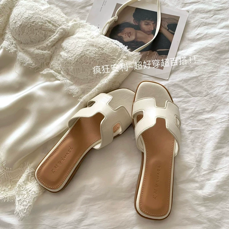 养马庄园~INS海瑟薇同款高级感贵气一字拖女夏季小香风凉拖半拖鞋