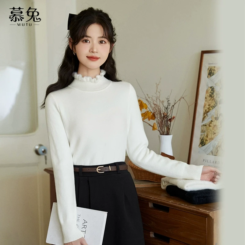 【正】慕兔半高领内搭打底衫上衣女冬2024加绒加厚修身长袖针织毛衣