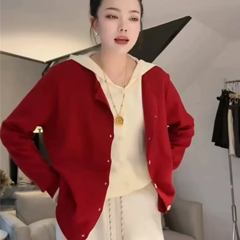 欧货撞色假两件长袖针织衫女春季新款休闲时尚高级感连帽毛衣外套