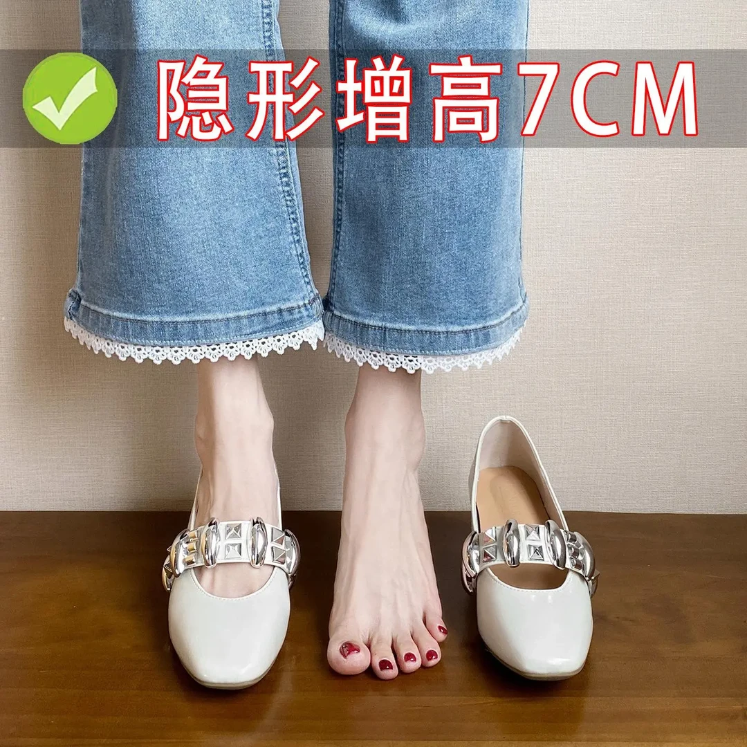 7cm内增高一字带单鞋浅口白色软皮增高玛丽珍法式高跟鞋粗跟春秋