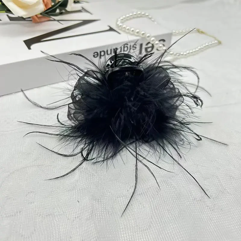 浪漫黑色羽毛8cm鲨鱼发夹抓夹时尚发饰手工气质发卡优雅头饰法式