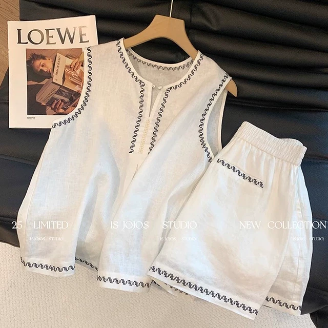 王炸怒推！老钱风刺绣亚麻套装女夏简约气质休闲背心+短裤两件套