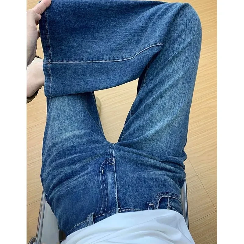 美式复古不贴腿微喇叭牛仔裤女秋季小个子高腰显瘦直筒阔腿长裤子