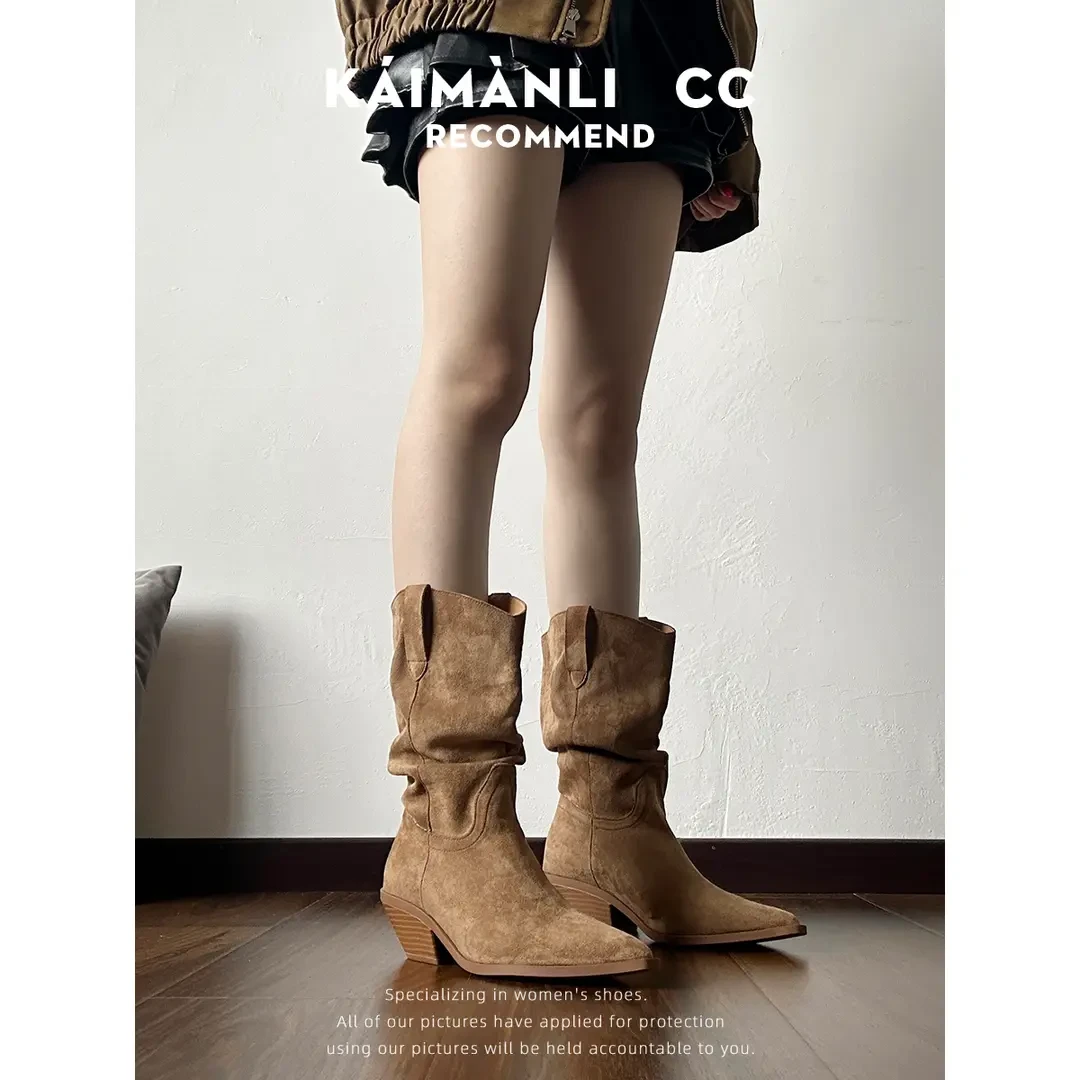 2025新款尖头堆堆靴短靴子粗跟复古显瘦高跟西部骑士靴V口中筒靴