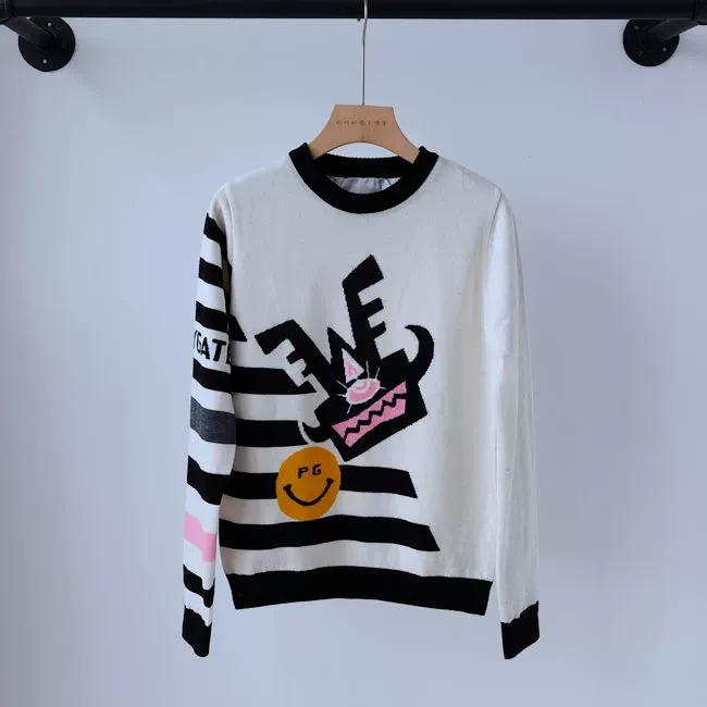 P 高尔夫女士针织衫防风保暖条纹拼色圆领golf针织衫有里子