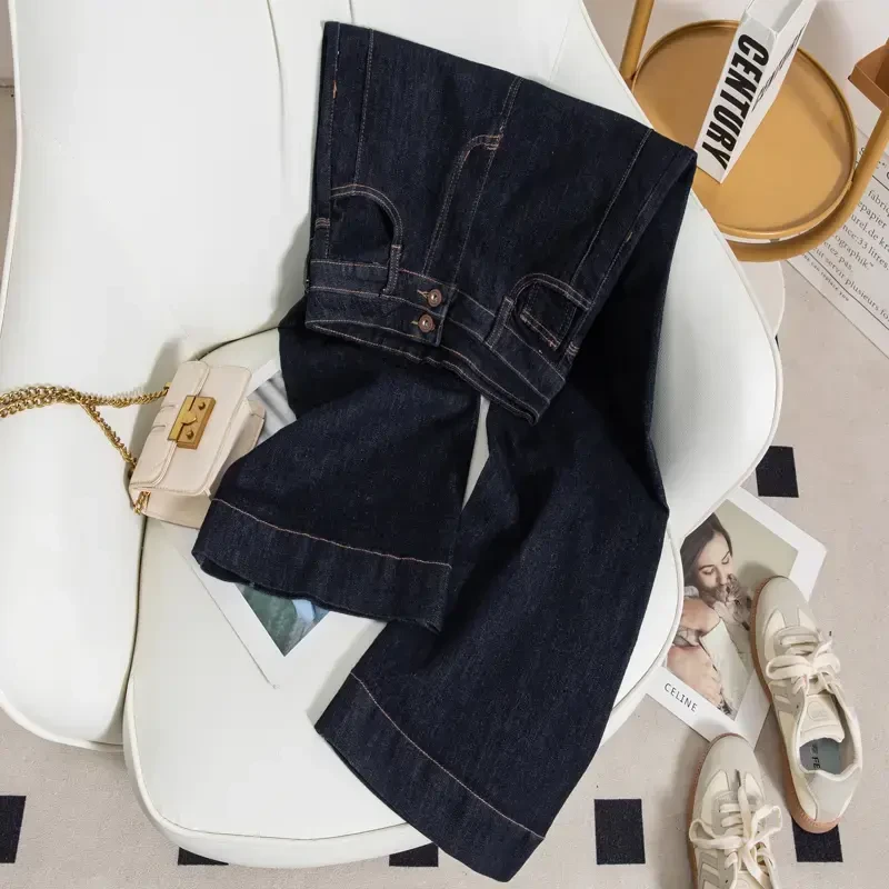 高腰阔腿牛仔裤女长裤2025春季新款丹宁蓝微宽松直筒牛仔裤女长裤