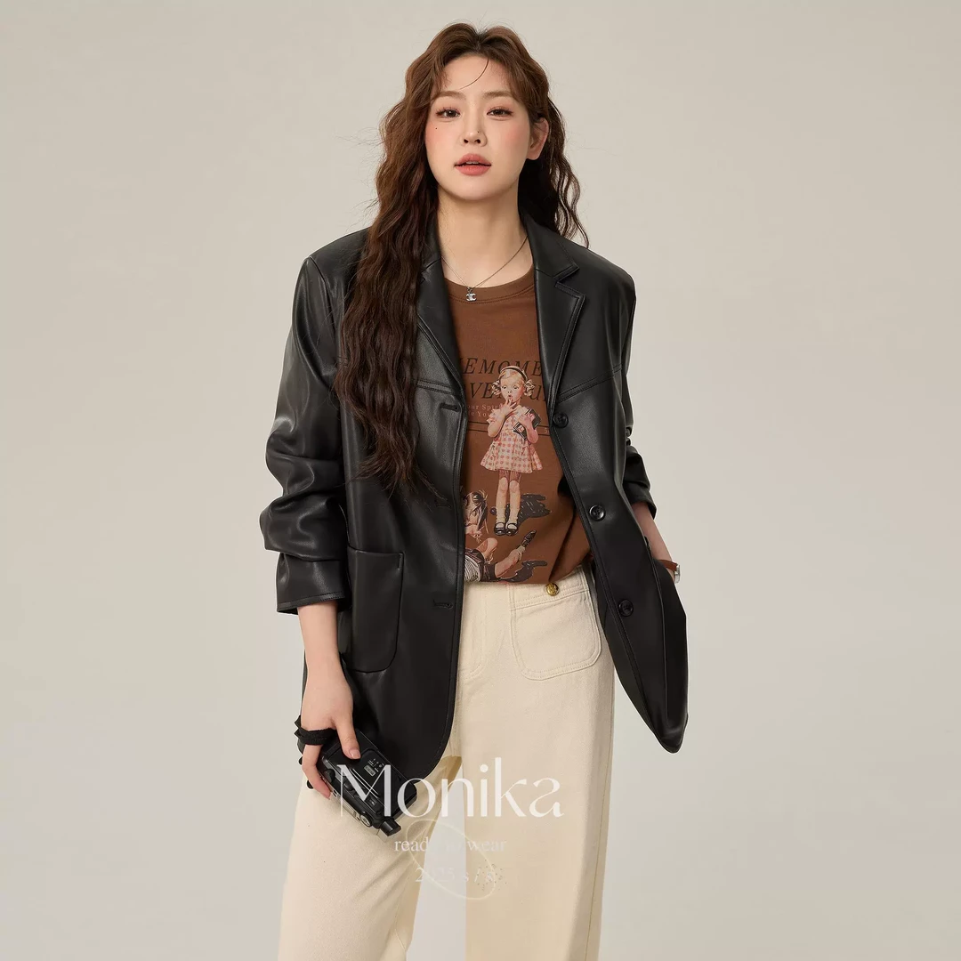 大码女装胖mm黑色哑光皮衣外套西装春装韩系休闲高级感上衣75755