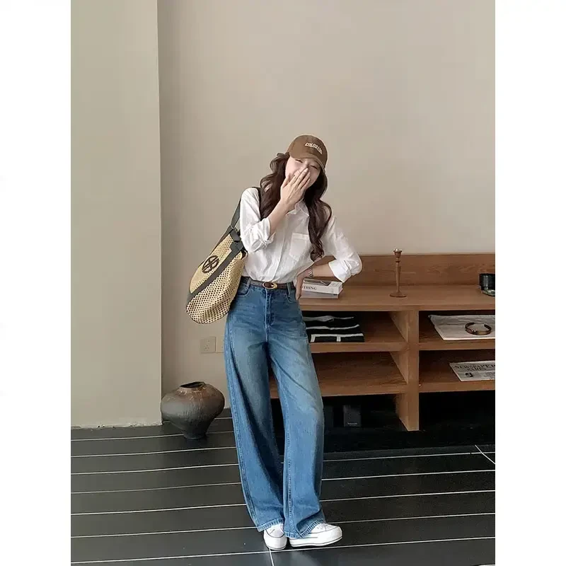 2025年直筒新款牛仔裤女窄版弯刀裤高腰宽松显瘦显腿长阔腿裤子
